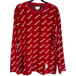 Supreme Men's Velour Diagonal Logo Long Sleeve Shirt Red White Size Large